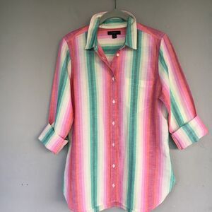 J Crew Top Women 10 Pink Green Stripe Linen Blend Button Shirt Beach Boho